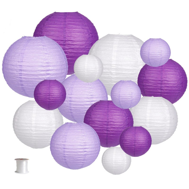 zilue Paper Lanterns Decorative, Round Hanging Paper Lanterns Decorations for Bachelorette Engagement Birthday Party Decorations Purple/Lavender/White 15pcs - Image 1